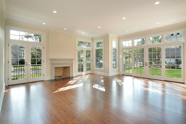 Living room with wall of windows