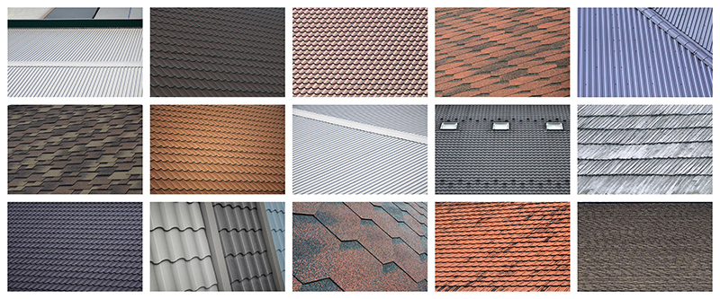A collage of many pictures with fragments of various types of roofing close up. A set of images with roof coating textures