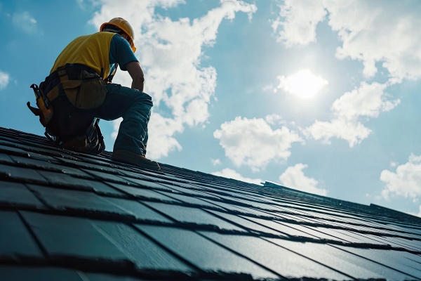 A worker repairing a roof under a bright sky with clouds, showcasing construction skills.