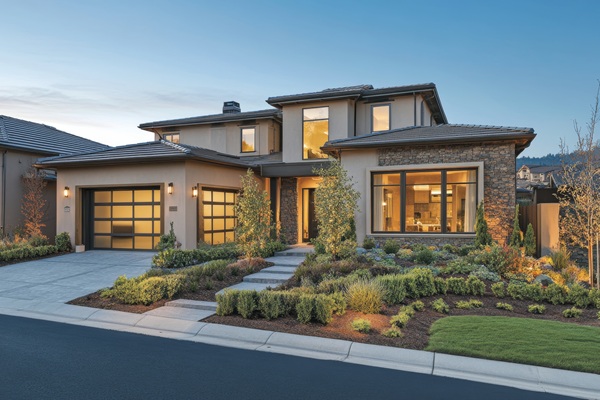 At twilight, a opulent home in Nebraska, USA, is framed by a sky of pink and purple, a scene enhanced by the lush greenery that surrounds it, all captured during the golden hour At twilight, a opulent home in Nebraska, USA, is framed by a sky of pink and purple, a scene enhanced by the lush greenery that surrounds it, all captured during the golden hour