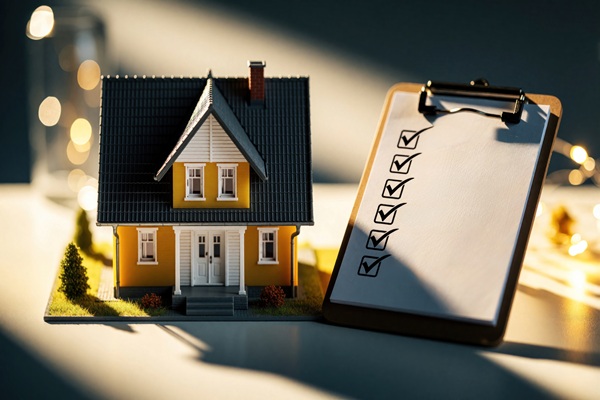 Miniature yellow house model stands near clipboard with checklist. Real estate agent buyer checks property quality during home inspection. Concept of mortgage loan, house purchase, new construction